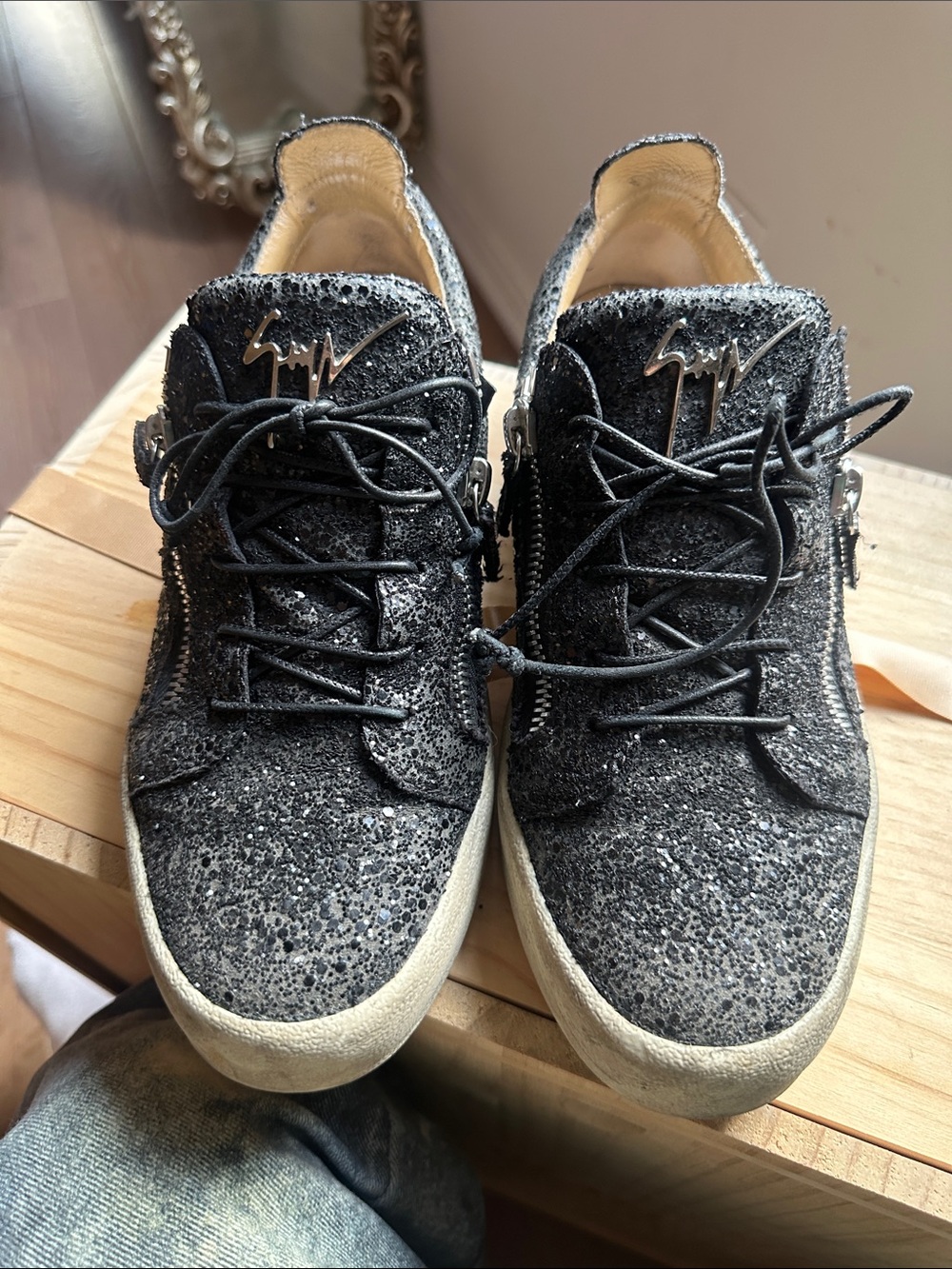 Giuseppe Zanotti Black Glitter Low-Top Sneakers with Silver Logo